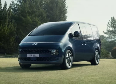 Tmavomodrý van Hyundai Staria zaparkovaný na trávniku pri lese
